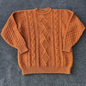 Cabela's Sweater Womens Extra Large Orange Wool Aran Cable Knit Made in Ireland